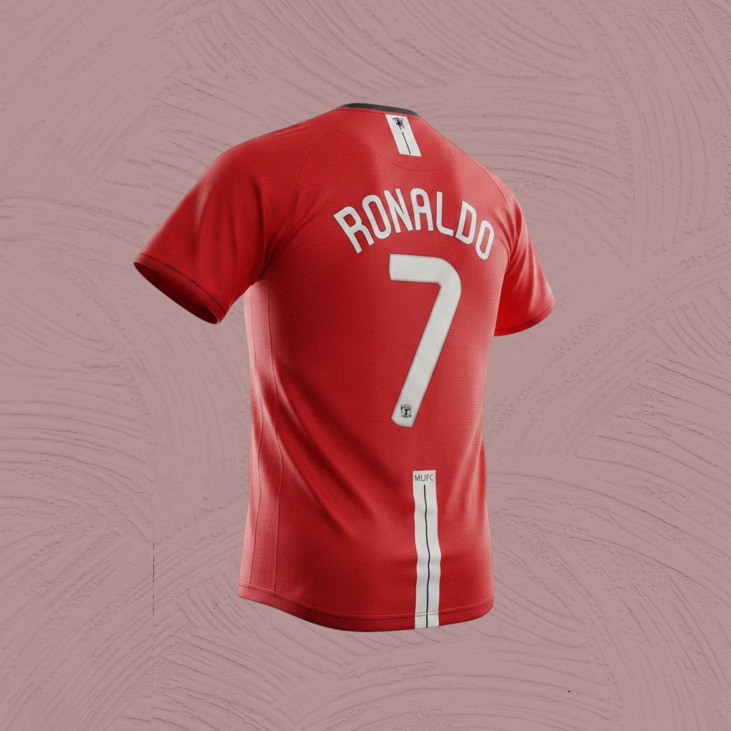 Cristiano Ronaldo Manchester United jersey, specifically a retro fan version of the 2007-2008 home shirt